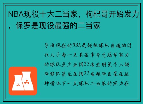 NBA现役十大二当家，枸杞哥开始发力，保罗是现役最强的二当家
