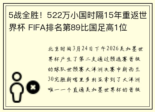 5战全胜！522万小国时隔15年重返世界杯 FIFA排名第89比国足高1位